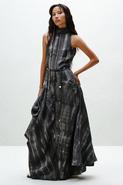 Hand-Painted Charcoal Long Halter Dress