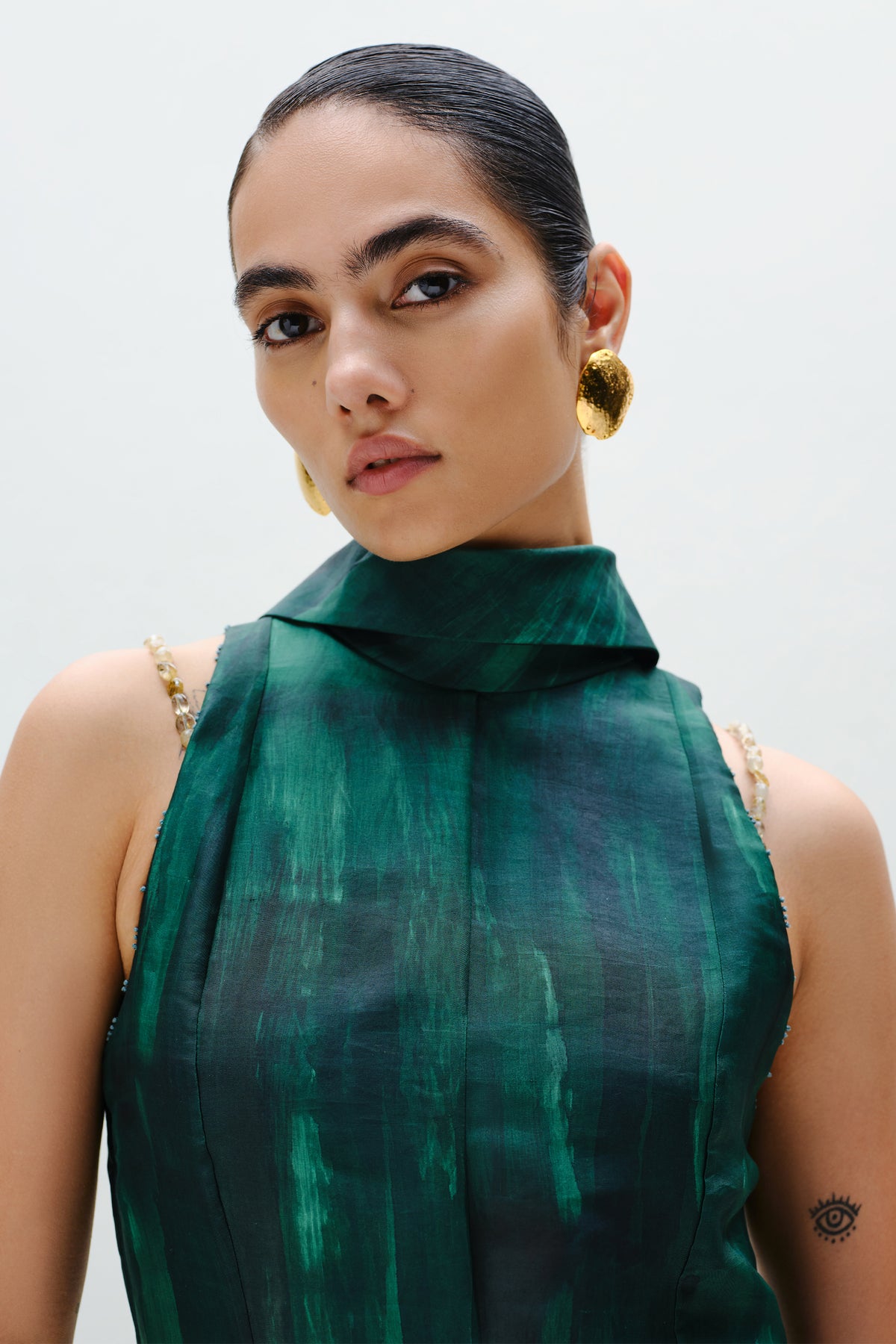 Hand-Painted Teal Long Halter Dress