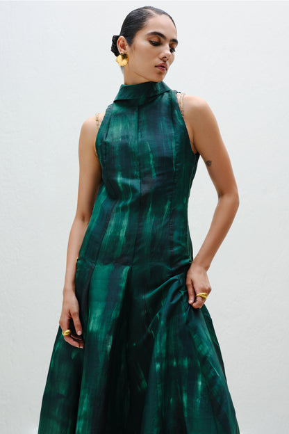 Hand-Painted Teal Long Halter Dress