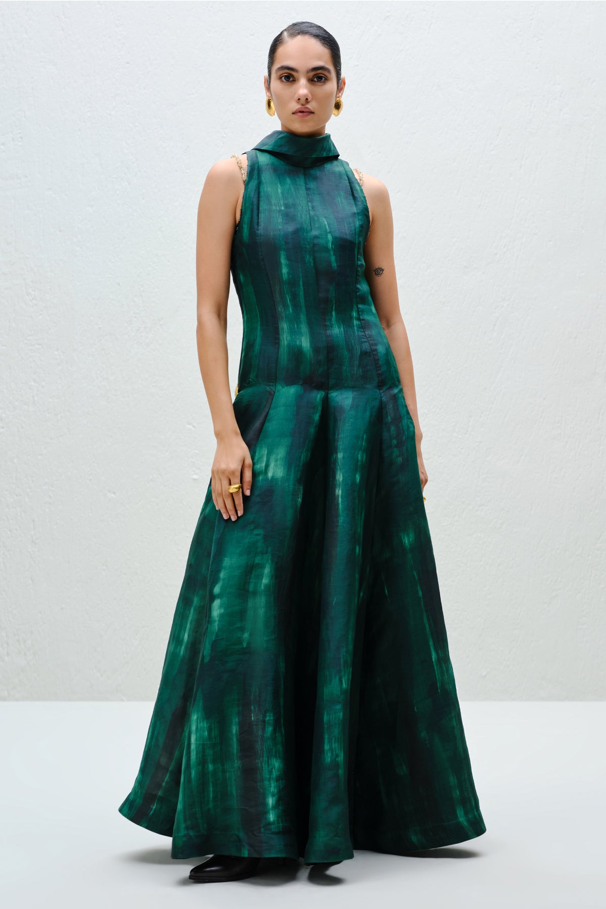 Hand-Painted Teal Long Halter Dress