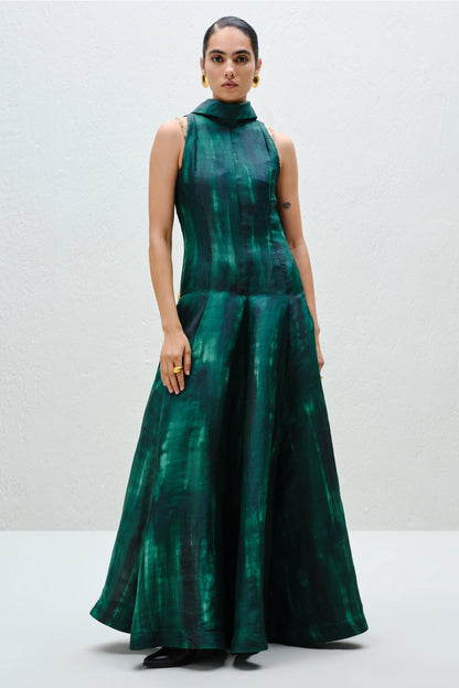 Hand-Painted Teal Long Halter Dress
