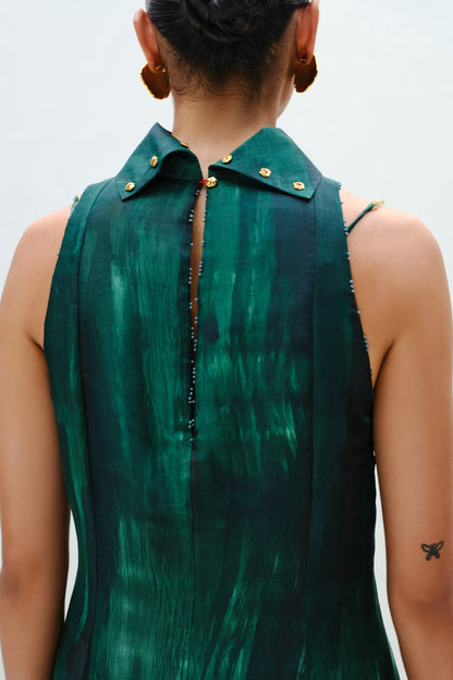 Hand-Painted Teal Long Halter Dress