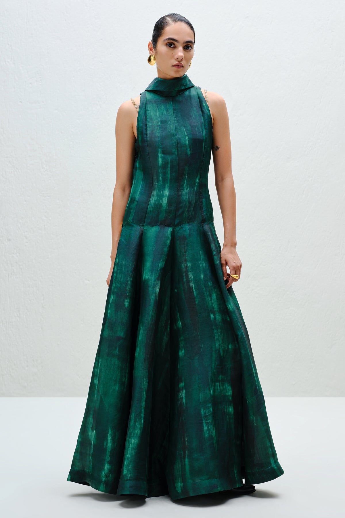 Hand-Painted Teal Long Halter Dress