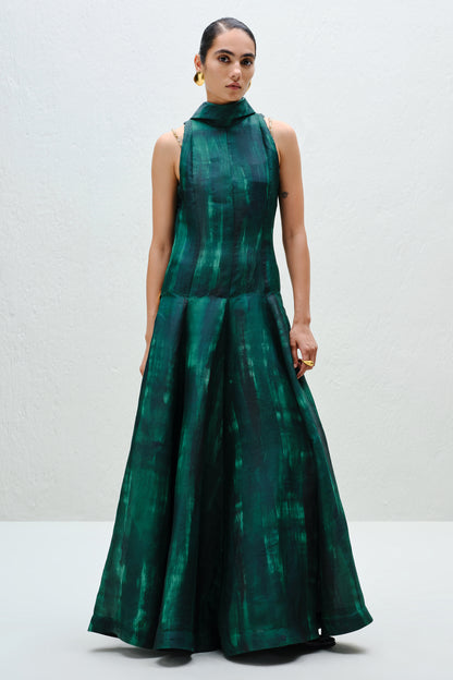 Hand-Painted Teal Long Halter Dress