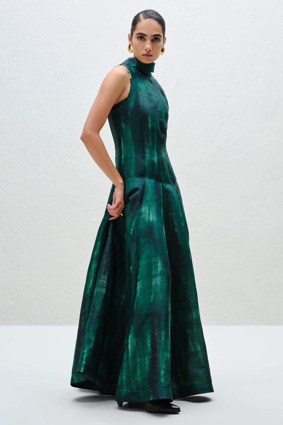 Hand-Painted Teal Long Halter Dress
