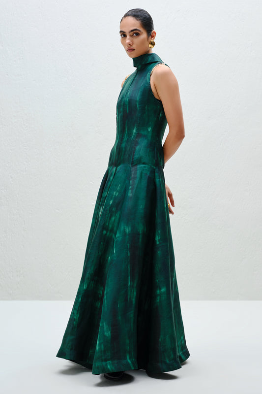 Hand-Painted Teal Long Halter Dress