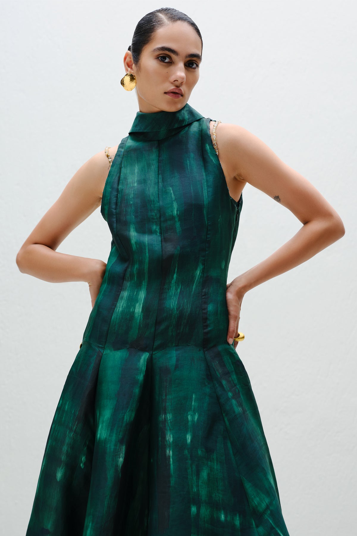Hand-Painted Teal Long Halter Dress