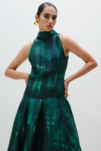 Hand-Painted Teal Long Halter Dress