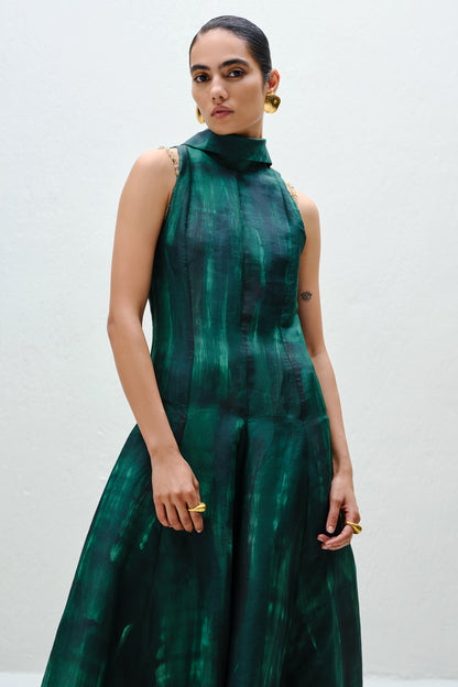 Hand-Painted Teal Long Halter Dress