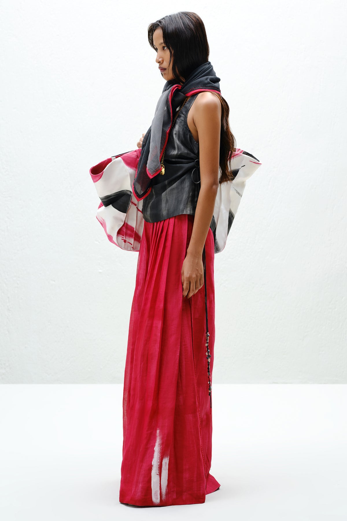 Red Pleated Silk Pants