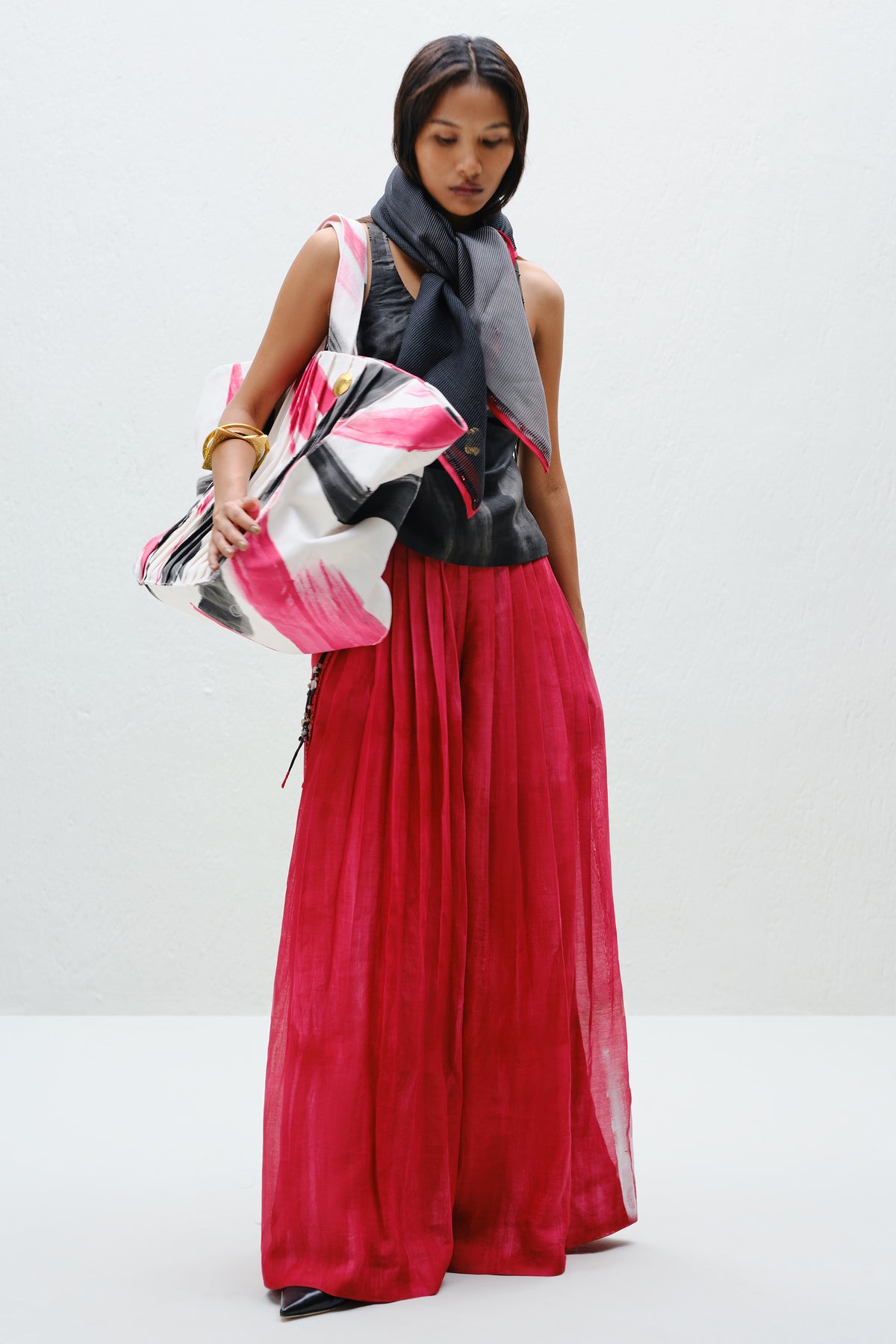Red Pleated Silk Pants