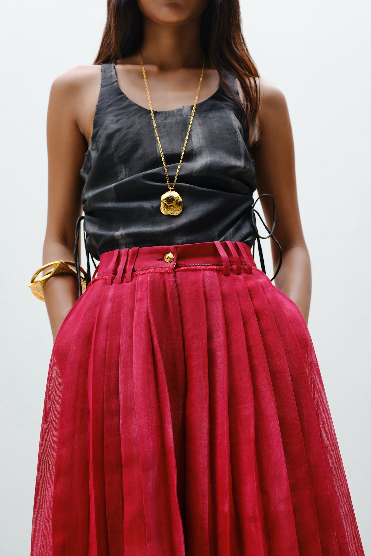 Red Pleated Silk Pants