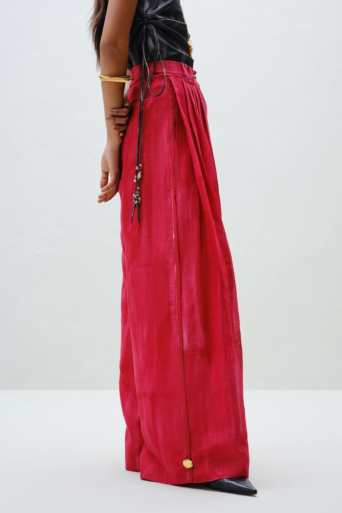 Red Pleated Silk Pants