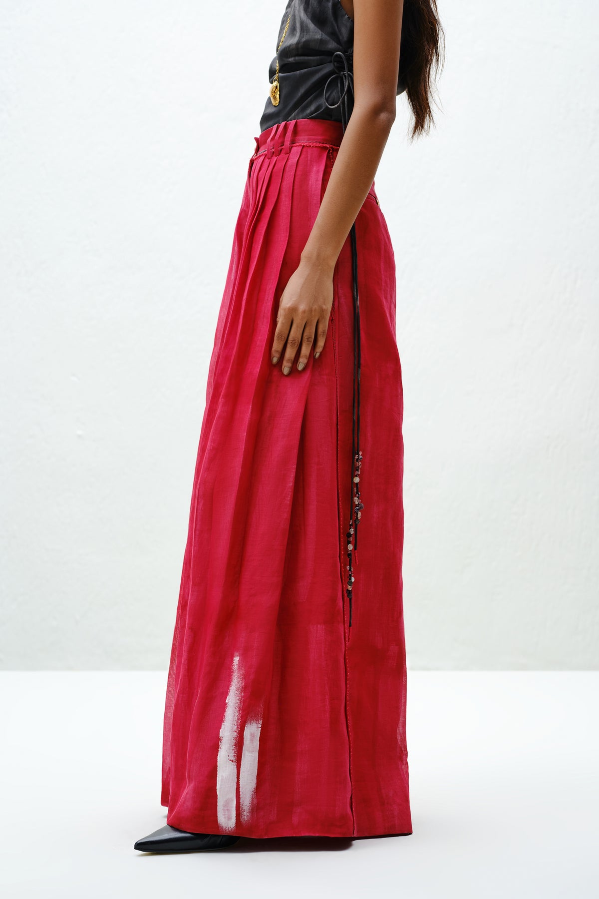 Red Pleated Silk Pants