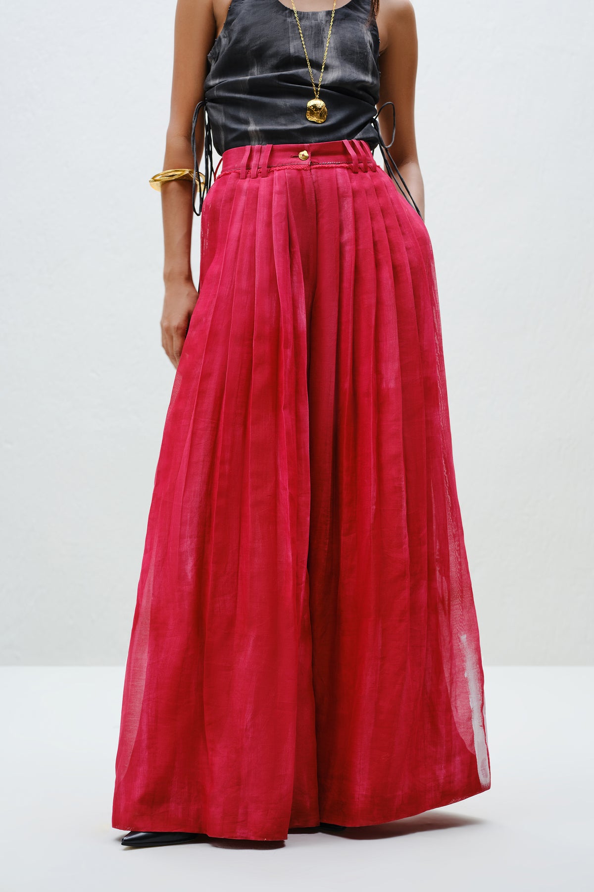 Red Pleated Silk Pants